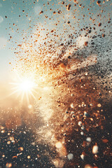 Poster - Dynamic burst of light and particles against a colorful background at sunset