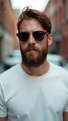 Aufkleber - A person with facial hair and shades posing in casual attire