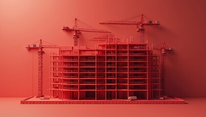 Aufkleber - 3D print red building under construction with crane. Construction site, modern architecture. Building, apartment, development, downtown. Urban, city landscape. Commercial property, real estate. Work