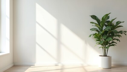 Poster - Minimalist home interior with white walls and wooden floor. Large potted plant near sunny window. Natural light, shadows create airy atmosphere, perfect for branding, product placement, eco design.
