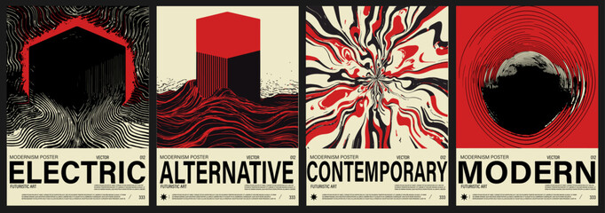 Poster - Set of modern vector posters in Op Art style, featuring swirling lines and bold abstract shapes. The compositions have strong movement and depth with stripes forming waves, spirals, and vortexes.