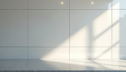 Aufkleber - Minimalist kitchen interior with white glossy tiles wall. Empty space, granite countertop reflects natural light and shadows. Modern design, clean, stylish backdrop for product placement, home decor.