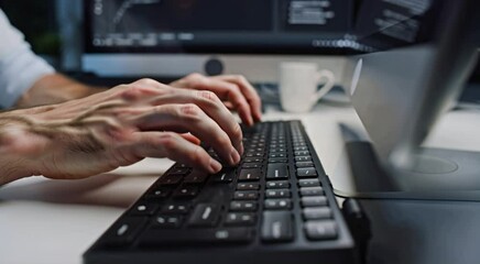 Programmer typing code night office close up
