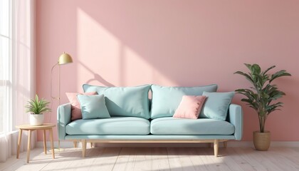 Poster - Bright living room interior design. Pastel pink wall, cozy blue sofa, pink pillows. Modern design, comfortable furniture, indoor plants, minimalistic style. Empty space, natural light. Home decor.