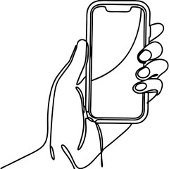 Aufkleber - Hand holding smartphone. Simple line art drawing of person using mobile phone.  Stylish image perfect for app presentations or website design.