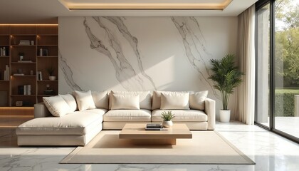 Aufkleber - Modern living room interior. Stylish apartment with white sofa, marble wall, wooden furniture. Luxury design with floor-to-ceiling windows, natural light, green plants and a marble floor.