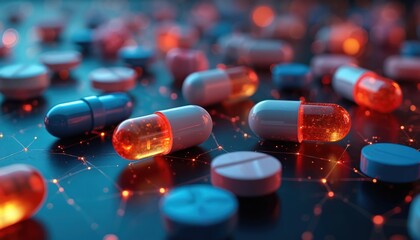 Aufkleber - AI-driven drug discovery, pharmaceutical research. Futuristic tech innovation for faster medicine development, healthcare, treatment of diseases. Pills capsules with glowing light represent modern