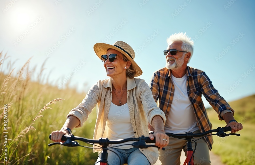 Foto stock di Happy senior couple ride bikes outdoors. Man and woman enjoy sunny day on bikes. Elderly people smile, wearing sunglasses. Happy active mature lifestyle. Retirement vacation in nature. | Adobe