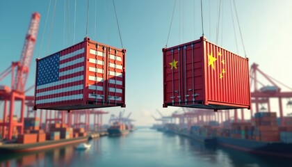 Aufkleber - Shipping containers painted US, China flags depict trade relations between countries. Global commerce, economic exchange. International trade, import, export concept. Global business logistic