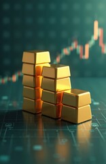 Poster - Gold bars stacked, financial success. Chart background shows market trends. Concept of wealth, investment, economic growth, profit. Financial market, business, money. Gold price rising. Banking,