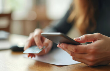 Poster - Woman uses credit card for online payment with smartphone. Person makes wireless electronic transaction. Safe shopping via mobile phone. E-commerce, banking, financial operations in digital world.