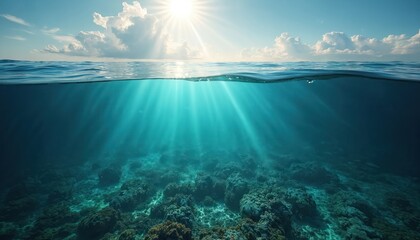 Aufkleber - Half underwater view of ocean with sunbeams penetrating blue waters. Below surface sea bottom with coral reefs, sunlight glimmers. Above horizon with clouds, sky reflects aquatic world. Natural