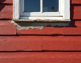 Poster - Close-up of old red guest house with peeling paint. White window frame, weathered wooden siding needs renovation. Architecture detail shows disrepair. Concept of home improvement, repair, property.