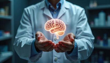 Aufkleber - Medical doctor holds glowing human brain hologram in hands. Healthcare, medicine, anatomy, technology, ai in innovative concept. Symbol of mental health, neurology, treatment, research, mind,