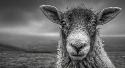 Poster - Close-Up Portrait of a Sheep in Black and White, Representing Animal Welfare and Rural Tourism : Generative AI