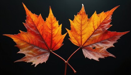 Poster - Autumn leaves showcase vibrant colors, intricate textures against dark background. Orange, red, yellow tones. Foliage beauty. Seasonal change, nature detail. Perfect for autumn, fall themes, eco