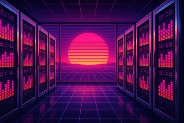 Aufkleber - Futuristic Data Center with Neon Sunset and Retro Aesthetic