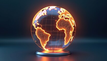 Poster - Digital illustration of glowing globe world map in low poly wireframe, global connectivity worldwide. Image evokes transformation, data exchange, network connections, modern mapping, globalization,