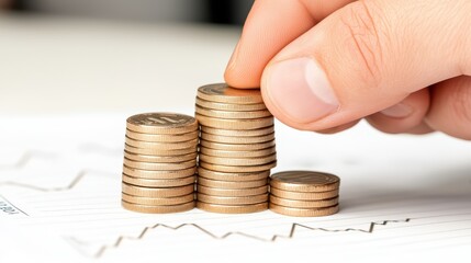 Poster - Hand Placing Coin on Stack of Coins Over Financial Chart with Graphs and Trends Background