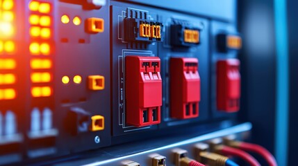 Poster - Close-Up of Modern Electrical Panel with Circuit Breakers and Indicators in a High-Tech Environment