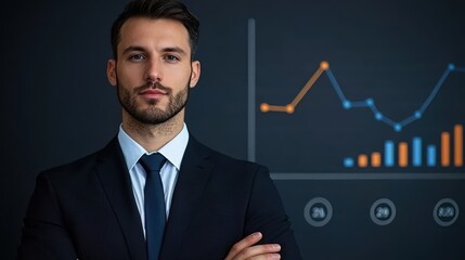 Poster - Confident Businessman Standing in Front of Graphs and Charts in Modern Office Environment