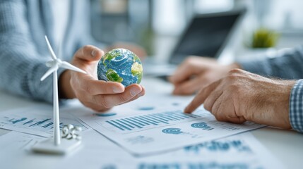 Poster - Hands Holding Earth Globe and Analyzing Charts Near Wind Turbine, Emphasizing Sustainable Business and Environmental Responsibility, for Corporate Social Responsibility : Generative AI