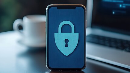 Poster - Smartphone with digital lock symbol on screen demonstrating security and privacy technology in modern workspace