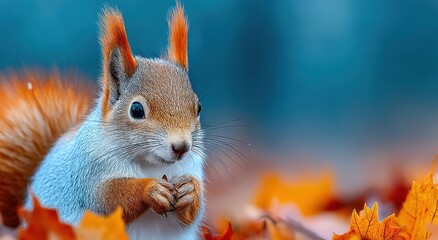 Poster - Squirrel Holding Food In Autumn Leaves, Symbolizing Wildlife Conservation and Seasonal Beauty in Nature Photography : Generative AI