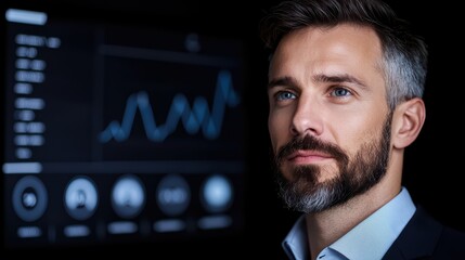 Poster - Professional Man Analyzing Data Trends with Digital Screen in Background, Business Concept Portrait