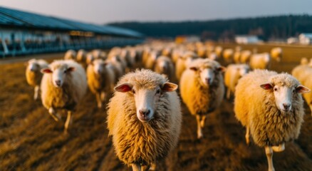 Poster - Flock Of Sheep Walking In A Field At Golden Hour, Showcasing Sustainable Agriculture and Animal Welfare in Rural Scenery : Generative AI
