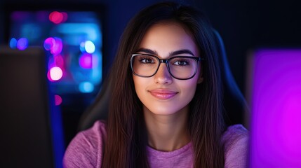 Poster - Young Woman with Glasses Working in a Dark Room with Colorful Computer Lights and Display in Background