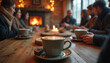 © miss irine - Cozy gathering with friends around table enjoying warm coffee, chatting. Fireplace, candles create warm atmosphere. Moments of joy, companionship, sharing, leisure and relaxation.