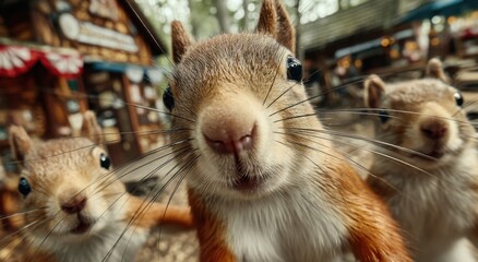 Poster - Close-Up of Curious Squirrels in a Forest Setting, Representing Wildlife Conservation and Environmental Awareness for Nature Enthusiasts and Animal Lovers : Generative AI