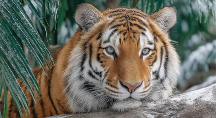 Poster - Close-Up Portrait of a Majestic Tiger Resting on a Snowy Branch, Symbolizing Wildlife Conservation and Endangered Species Awareness : Generative AI
