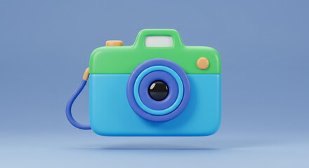 Aufkleber - A cartoon camera with a blue body and green top on a blue background in a studio shot illustration