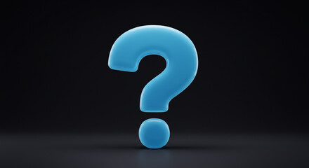 Poster - A light blue question mark standing on a dark gray surface against a dark black background studio shot