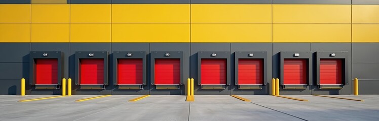 Aufkleber - Front view loading docks, warehouse center. Red dock doors, yellow safety details. Modern industrial facility for cargo, freight shipping, logistics, storage and distribution.