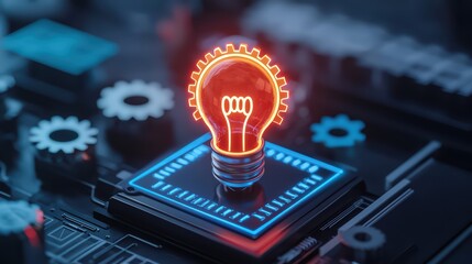 Poster - Neon Light Bulb with Gear Design on Circuit Board for Innovative Technology Concept Representation