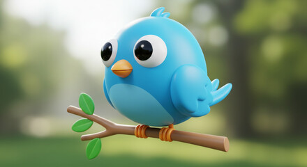 A cartoon blue bird with big eyes sitting on a branch with green leaves in a blurred background