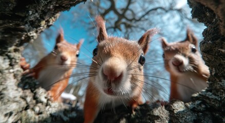 Poster - Three Squirrels Peeking Out From a Tree Hole in Springtime, Representing Curiosity and Wildlife Conservation, Perfect for Nature Blog : Generative AI