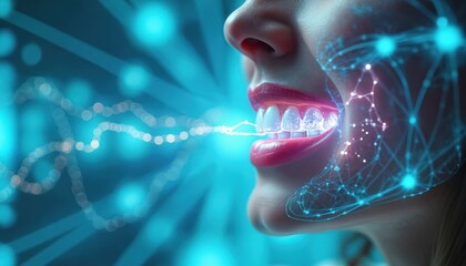 Aufkleber - Ai illustration of dental treatment. Female mouth with white teeth, pink lips, digital technology concept. Modern dentistry, dental care, medical technology, digital x-ray analysis for advertisement.