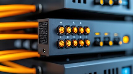Poster - Close-Up View of Network Equipment with Orange Cables and Illuminated Port Indicators in a Server Environment