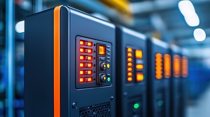 Poster - Modern Industrial Power Distribution Units with LED Indicators and Control Panels in a Contemporary Setup