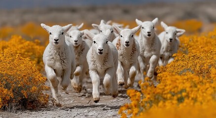 Poster - Flock of Lambs Running Through Field of Yellow Flowers, Symbolizing Springtime Renewal and Pastoral Harmony, Ideal for Agriculture and Livestock Marketing : Generative AI