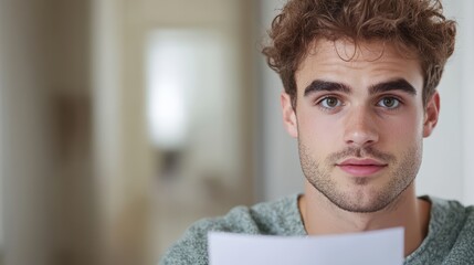 Poster - Thoughtful young man holding paper in modern interior with natural light and blurred background