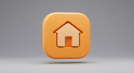Poster - A stylized home icon in orange and beige on a rounded square against a neutral gray background image