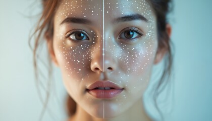 Leinwandbilder - Young woman portrait, digital facial grid overlay. Modern tech beauty face analysis, innovative skin care research. Digital interface, virtual reality for beauty facial mapping, skin condition,