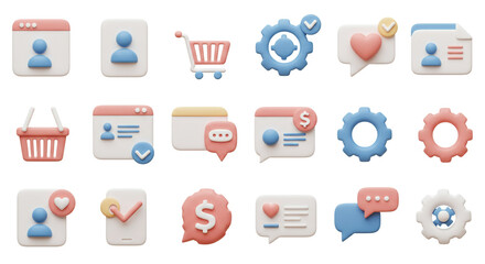 Poster - A collection of fifteen pastel colored d render icons representing various online business functions