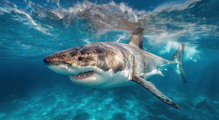 Aufkleber - Great White Shark Swimming Underwater in Turquoise Ocean, Symbolizing Marine Conservation and Wildlife Protection, Promoting Ecotourism and Ocean Exploration : Generative AI
