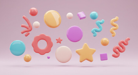 Poster - A playful arrangement of pastel colored geometric shapes floating against a light purple background